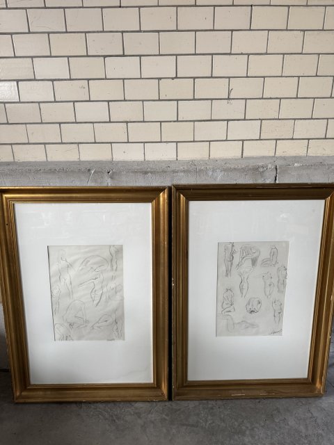Guld ramme med originale croquis tegninger, ialt 2 stk.